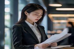 林晓雯，数字内容法律顾问，短发职业装，在现代化办公室内翻阅法规文件，神情专注认真