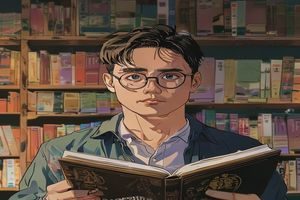 王浩然，日韩漫画评论人，戴眼镜，手持漫画杂志，背景为整洁的漫画收藏墙，文艺气息浓郁