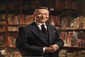 陈明远，资深漫画文化研究者，身着深色西装，在满是漫画书的书架前微笑，专业学者气质
